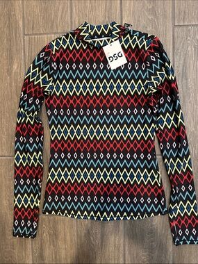 DSG Black Multicolor Diamond-Pattern Long Sleeve Top. Size XS NWT